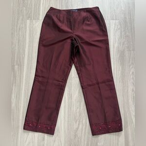 Ann Taylor Burgundy Satin Ankle Crop Pants Women’s Size 8 Embroidered Hem Dress